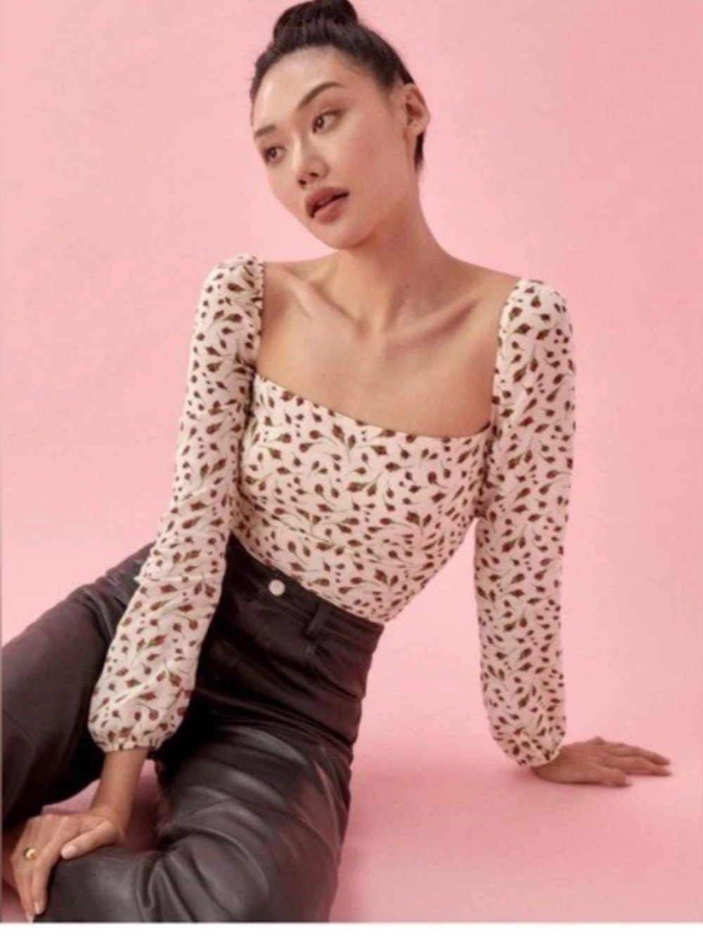 Reformation Cream Square-Neck Long Sleeve Floral Top